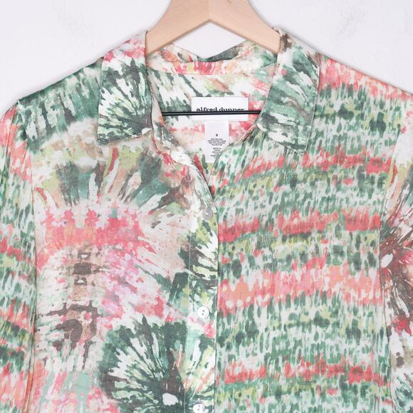 Alfred Dunner Womens Button Up Shirt Small Green Pink Tie-dye Sheer Camp 70s - Picture 8 of 8